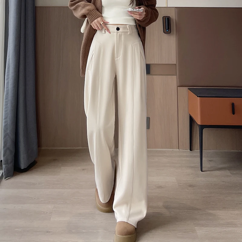 Autumn Winter New Wool Blend Warm Pants for Women Elastic Waist Wide Leg Straight Trousers Korean Fashion Pocket Straight Pants