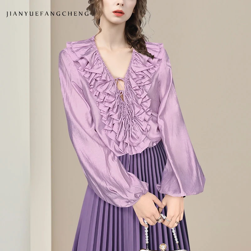 

Fashion Lantern Sleeve Women Pink Lightweight Satin Blouse Loose-fitting Ruffles V-Neck Top 2025 Spring Summer Casual Blouses