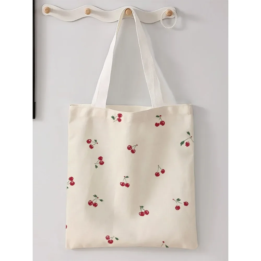 Cute Cherry Pattern Canvas Tote Bag Fashion Reusable Shopping Bag Casual Lightweight Shoulder Bag For Women Daily Use