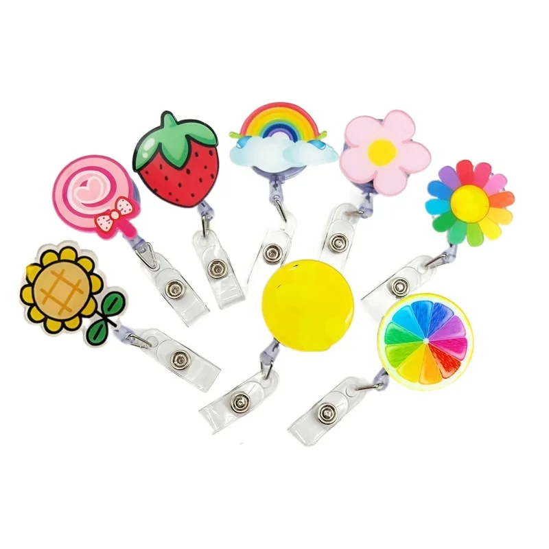 Cartoon Fruit Flower Badge Reel Retractable Easy Pull Badge Holder ID Tag Working Permit Clip Pass Work Card Reel Clip Supplies