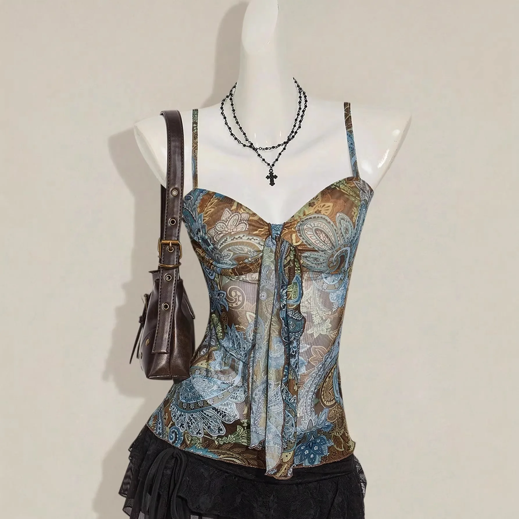 Vintage Paisley Pattern Sheer Mesh Cami Top Tie Front Split Y2K Sexy Layering Blouse