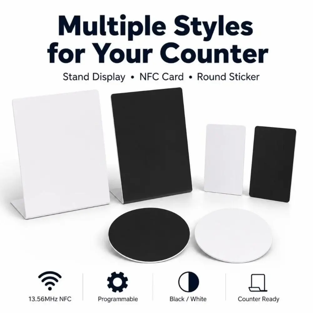 Programmable NFC Review Display Card Acrylic Reusable NFC Counter Sign Tap to Open Battery Free Review Stand Display