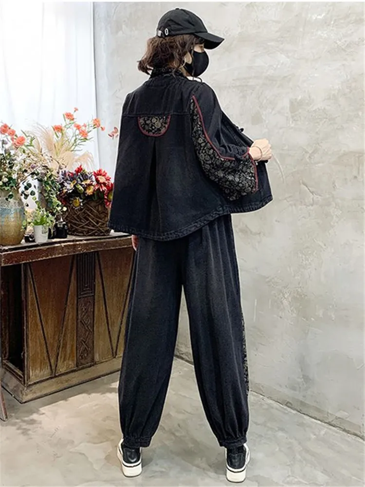 Chinese Style Art Vintage Denim Jacket And Pants Set Autumn Large Size Women's Fashion Ethnic Loose Two Piece Suit Outfits 2024