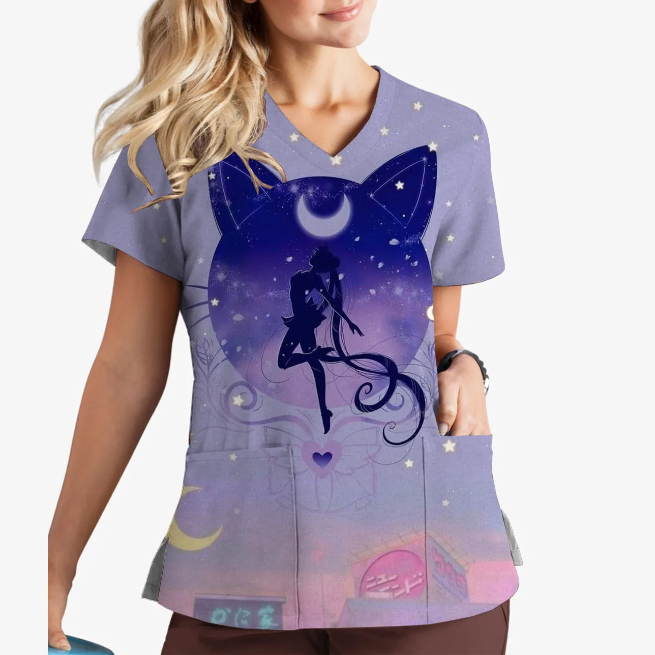 V-Neck Print Scrub Top Anime Cute Childish Pattern Print Sailor Moon Short Sleeve Nurse Uniform Girls Work Uniform