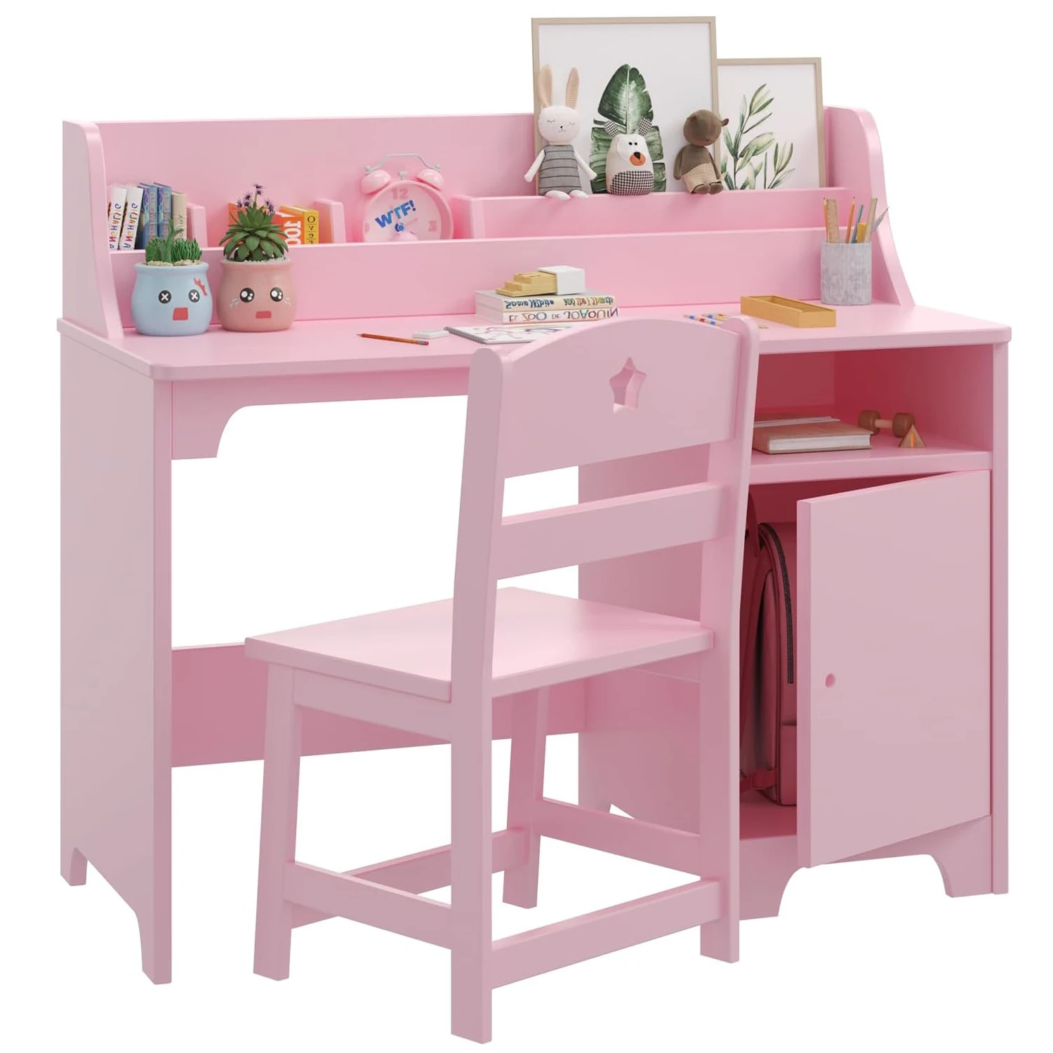 Kids Desk & Chair Set with Hutch & Storage Cabinet, Wooden Table Children Study Desk Set Ergonomic Chair, Scratch‑resistant Finish, Open Shelves Keep Books and School Supplies for Boys Girls
