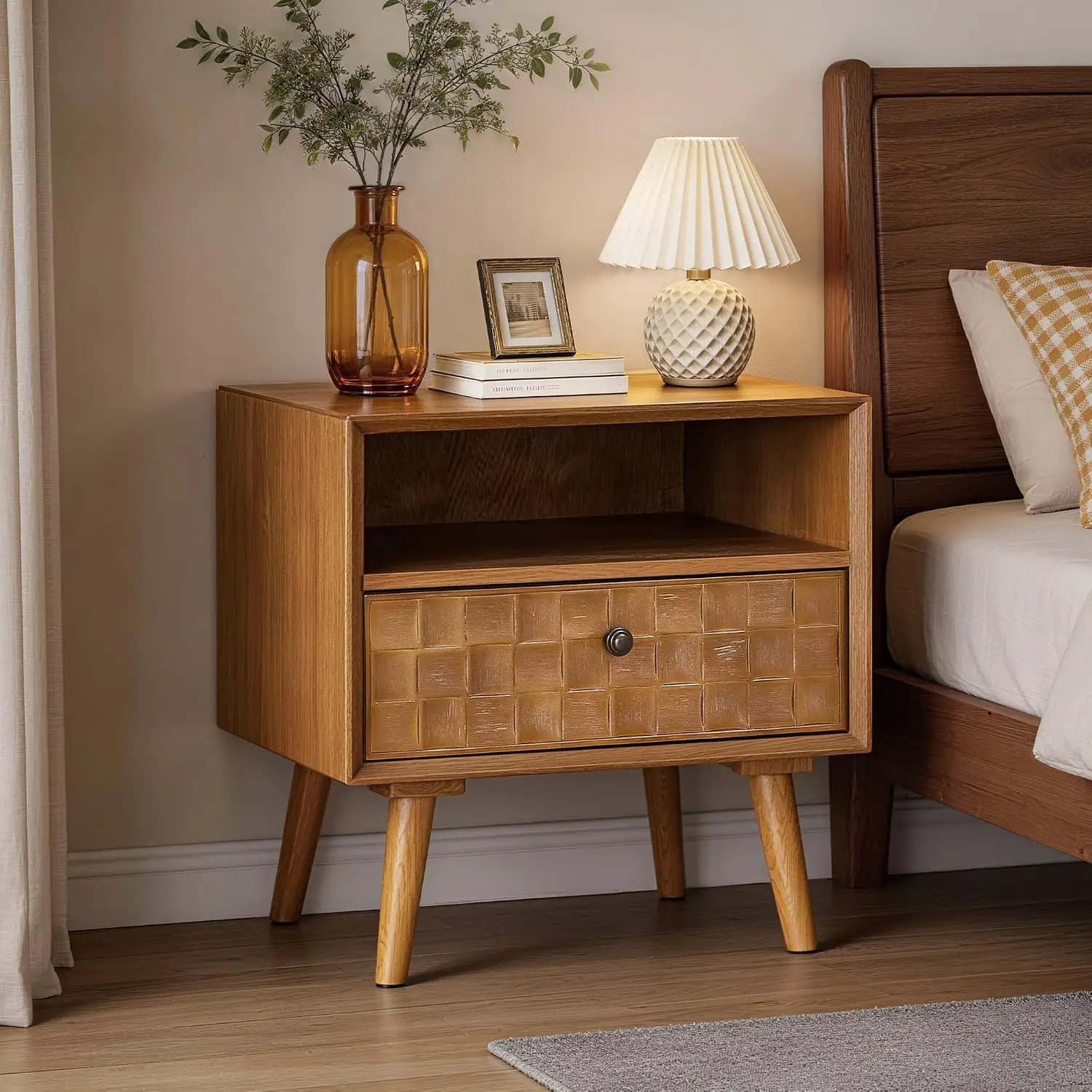 Mid-Century Wood Nightstand with Drawer & Open Shelf, Solid Wood Legs Smooth-Glide Storage Bedside Table, Customized