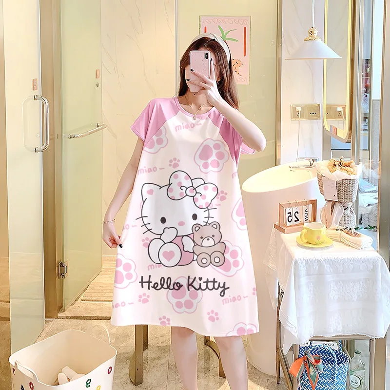 

kawaii hello kitty pajamas anime Sanrio Kuromi Stitch cute girl nightgown Loose short sleeves milk shreds Thin loungewear 2024