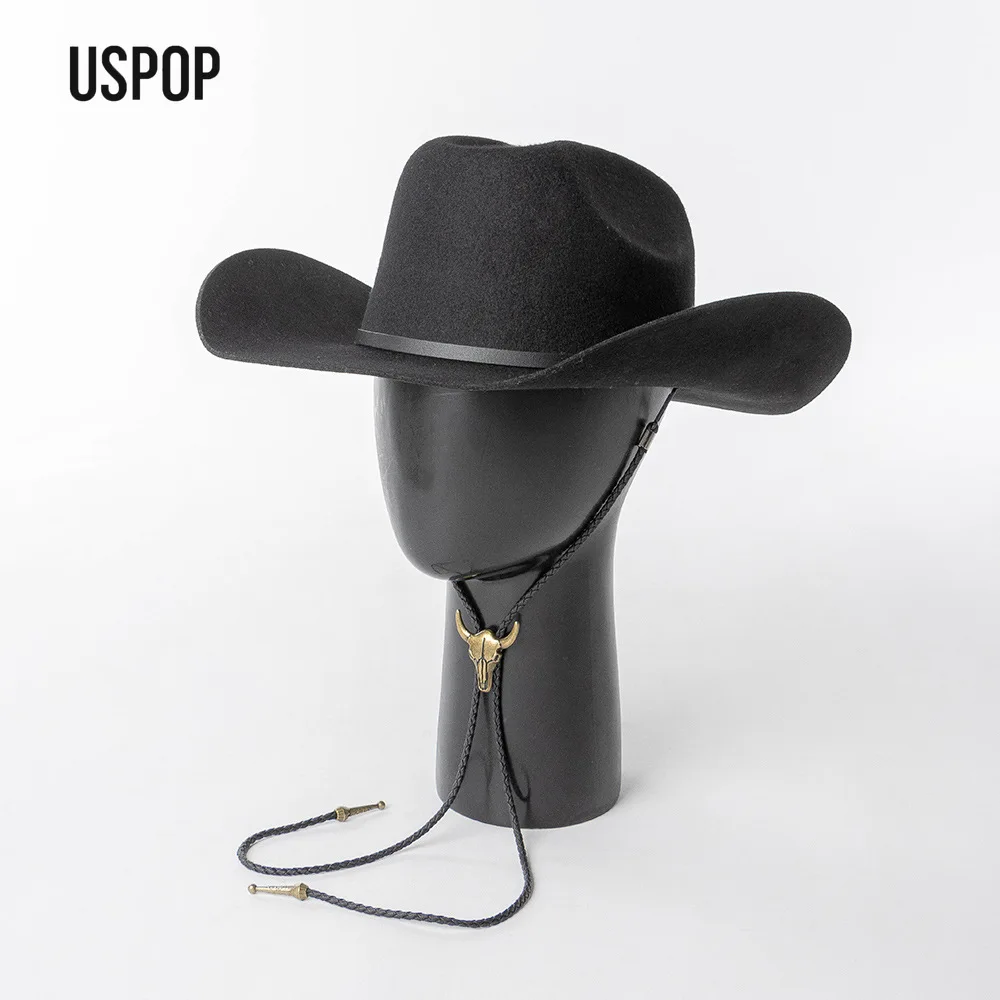 USPOP Autumn Winter Wool Felt Cowboy Hat with Bull Head Strap for Women Mem Unisex Wide Brim Curved Edge Fedora Hat,S-XL Size