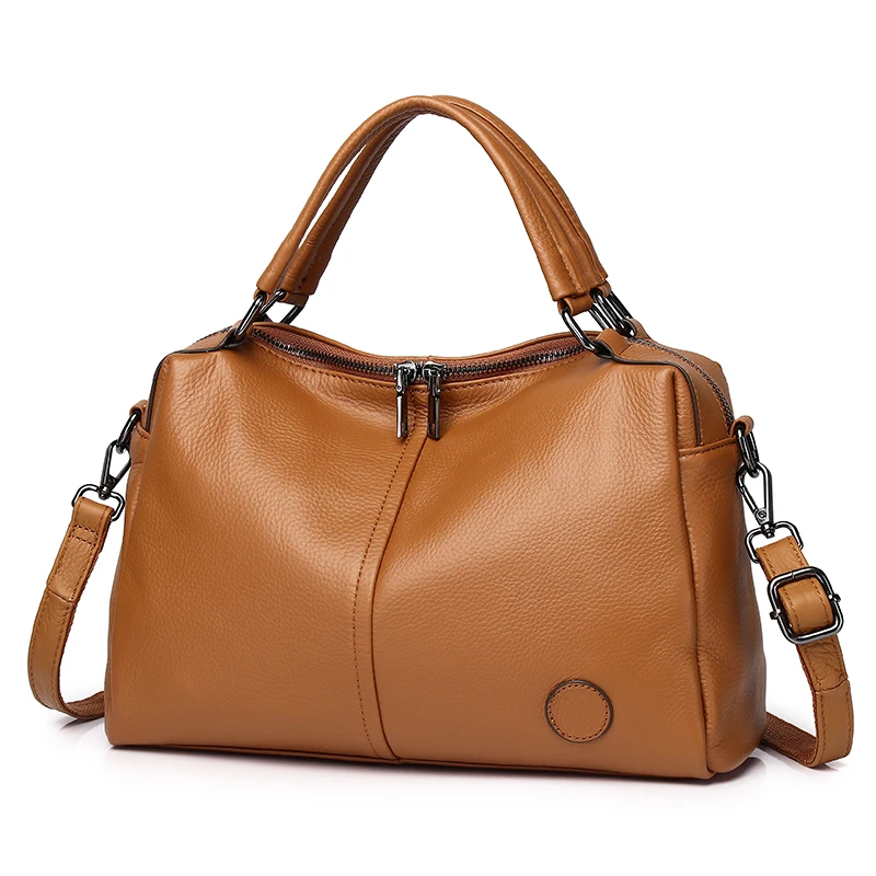 Women Top Grain Cowhide Handbag Dual Zipper Multi Pocket Adjustable Strap Crossbody Shoulder Bag For Office Travel Shopping