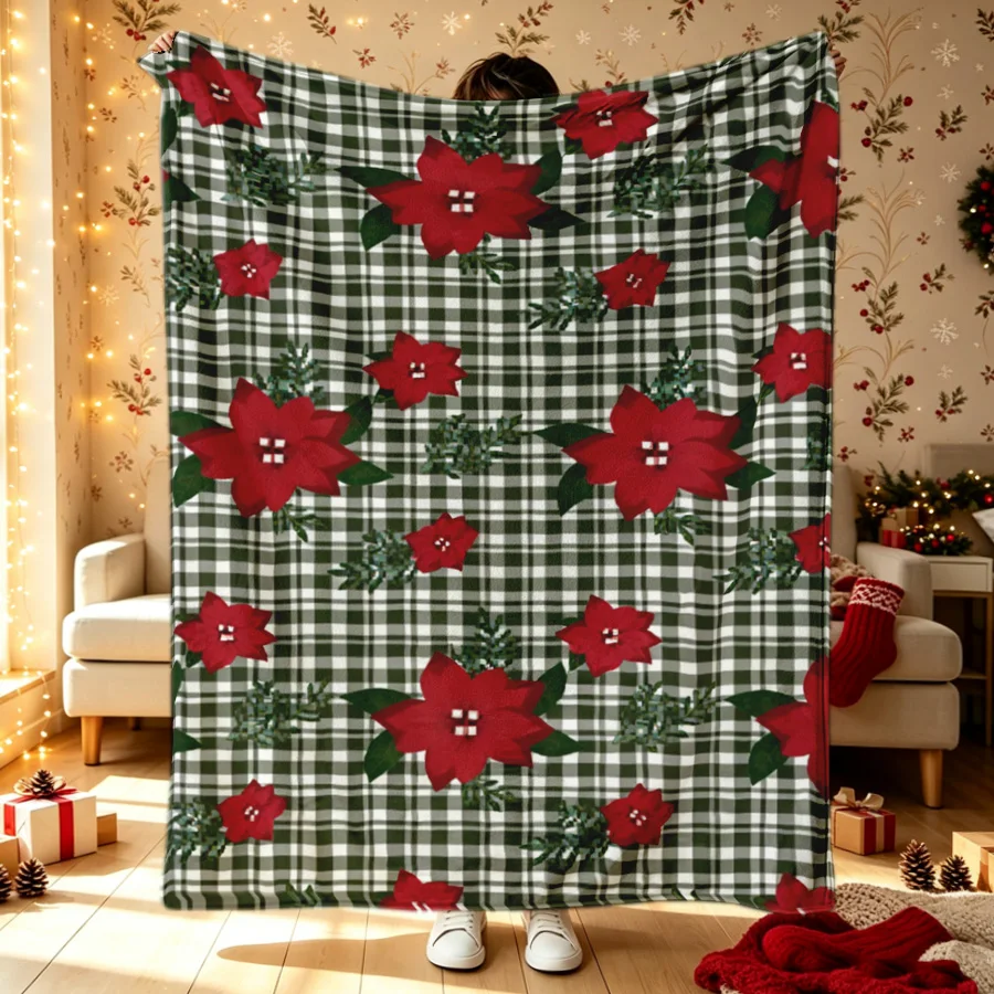 Christmas Red Poinsettia Reindeer Silhouette Seamless Pattern Flannel Throw Blanket, 2D Single-Sided Printed Decorative Blanket