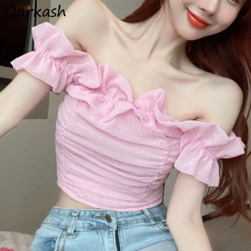 Slash Neck Blouses Women Ruffles Elegant Summer Crop Tops Aesthetic Simple Vacation Mujer Clothing Off Shoulder Daily Y2k Sexy