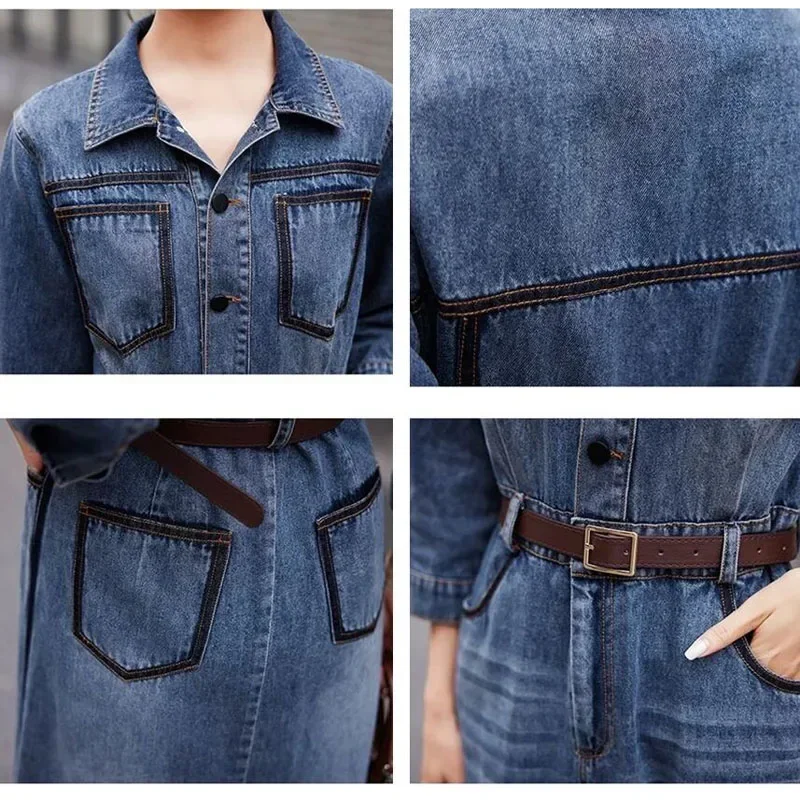 Vintage Denim Dress Fashion Blue New Belt Shirt High Quality Dress Temperament Lapel Pocket Spring and Autumn