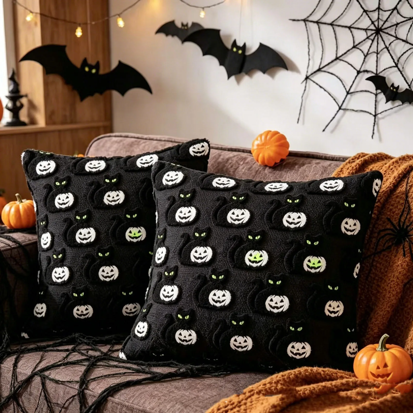 Weird Cats Pumpkin Embroidered Halloween Decor Pillowcase, Halloween Throw Cover, 18*18 Inch, Square Pillow Cover