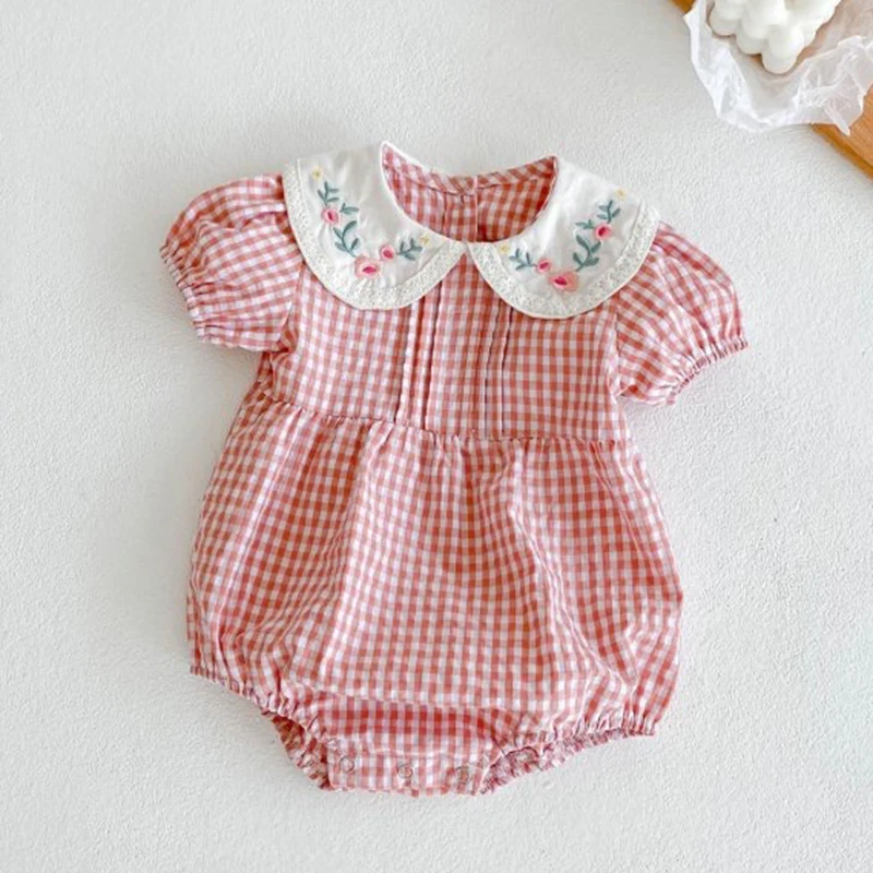 2024 Toddler Baby Girls Rompers Embroidery Bodysuit Girls Jumpsuits Princess Girls Pink Grid Rompers Toddler Summer Clothing