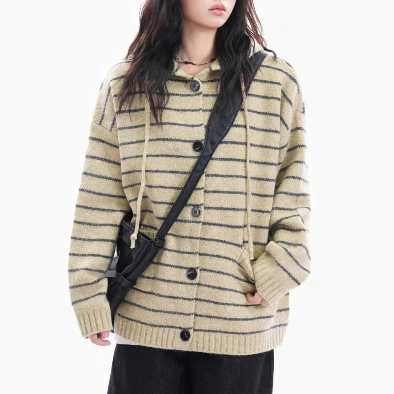 

2025 New American Retro Striped Hooded Sweater Jacket Women's Korean Atmosphere Early Autumn Loose Casual Top Knitted Cardigan