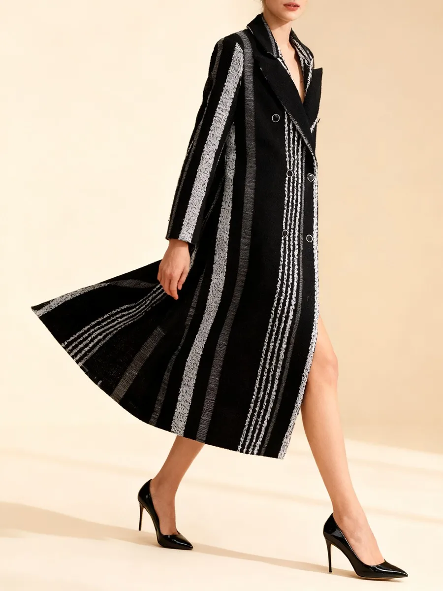 TWOTWINSTYLE Colorblock Trench lungo dritto per donna Colletto dentellato Manica lunga Patchwork Doppio petto Giacca casual Donna