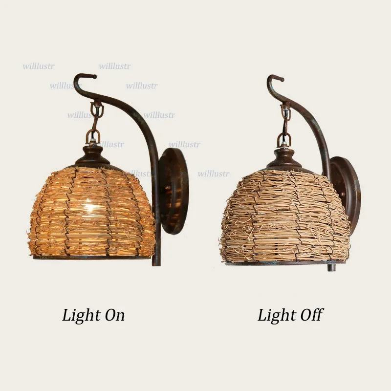 Retro Rattan Wall Lamp American Country Style Sconce Hotel Inn Bar Cafe Living Room Loft Balcony Art Deco Handmade Wicker Light