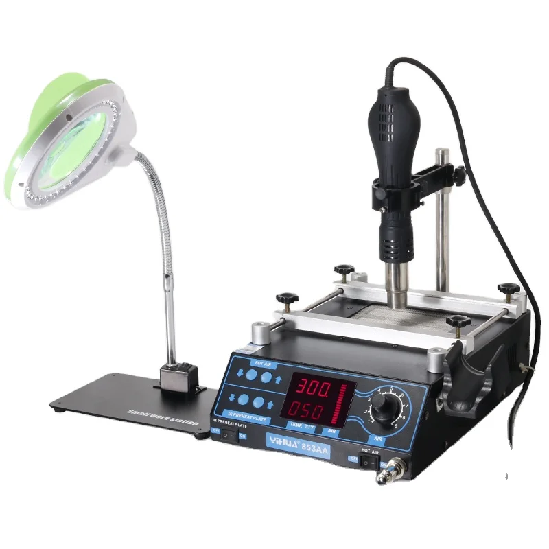 YIHUA 853AA With LED Magnifier Lamp Bracket Plate Preheat Hot air SMD Soldering Rework Station