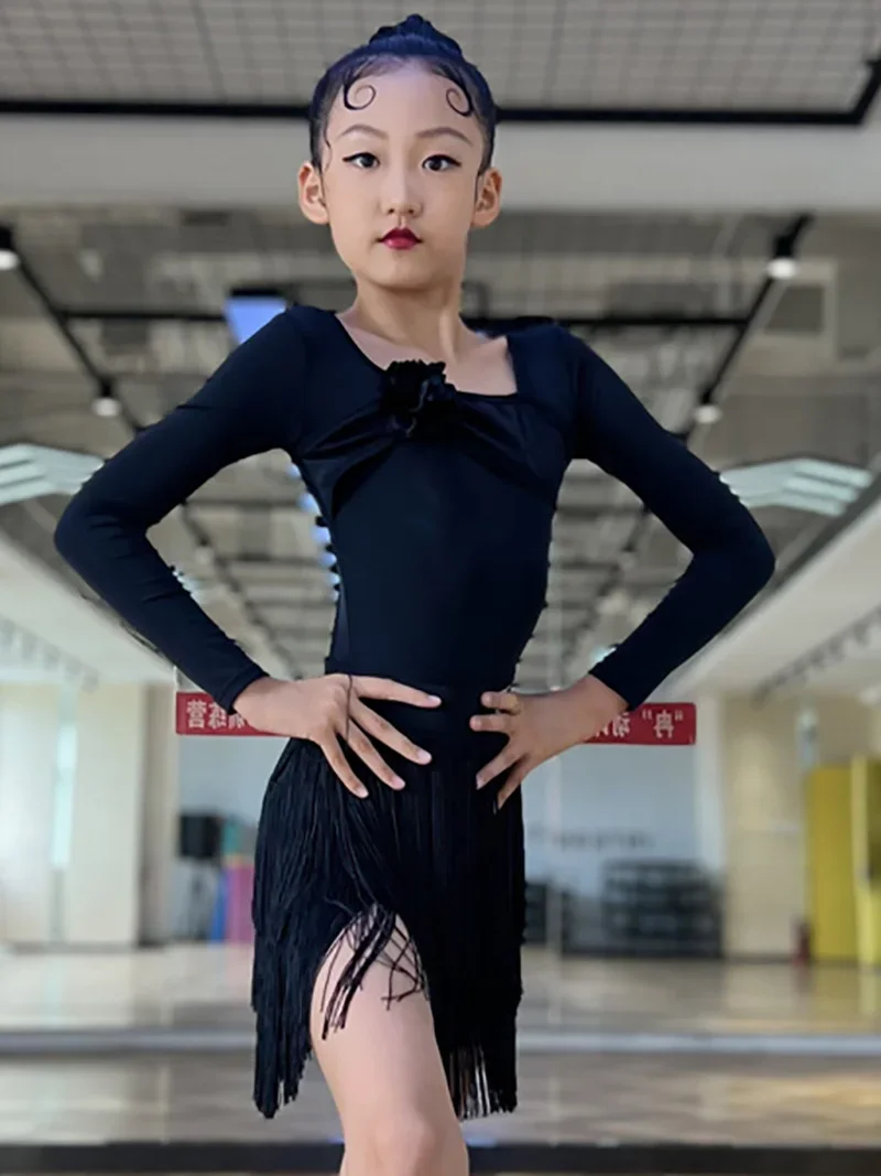

Kids Girls Irregular Professional Latin Dancewear Bodysuit and Tassels Skirts Children Ballroom Rumba Samba Dancewear Costumes