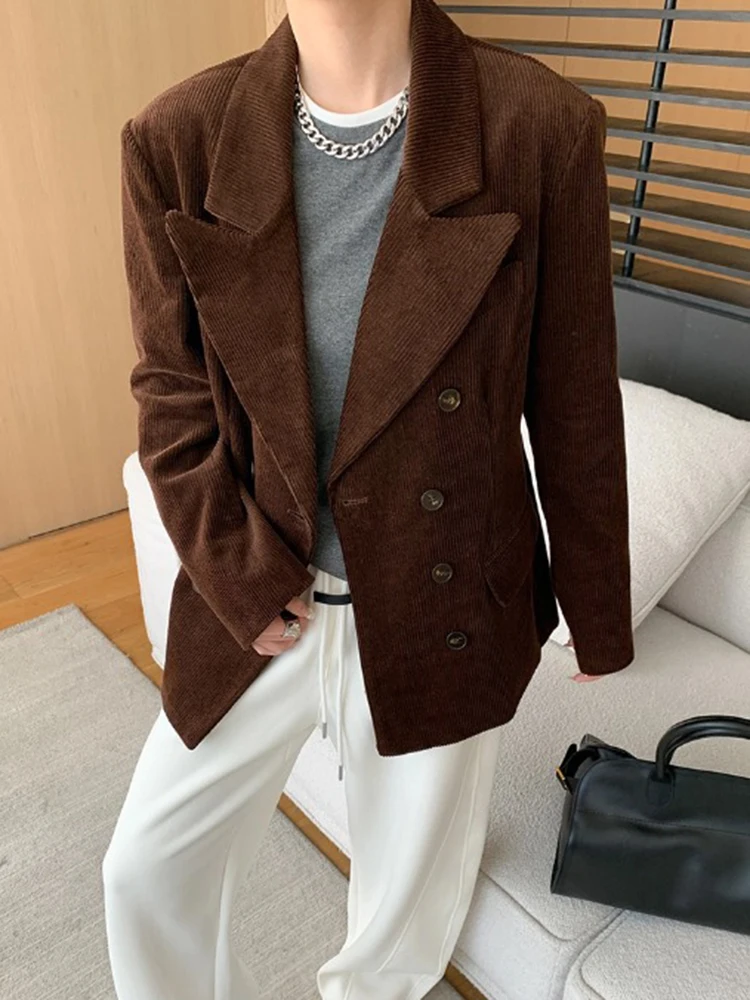 [LANMREM] Corduroy Blazers For Women Notched Double Breasted Long Sleeve Office Lady Vintage Coat 2024 Autumn New 26D9816