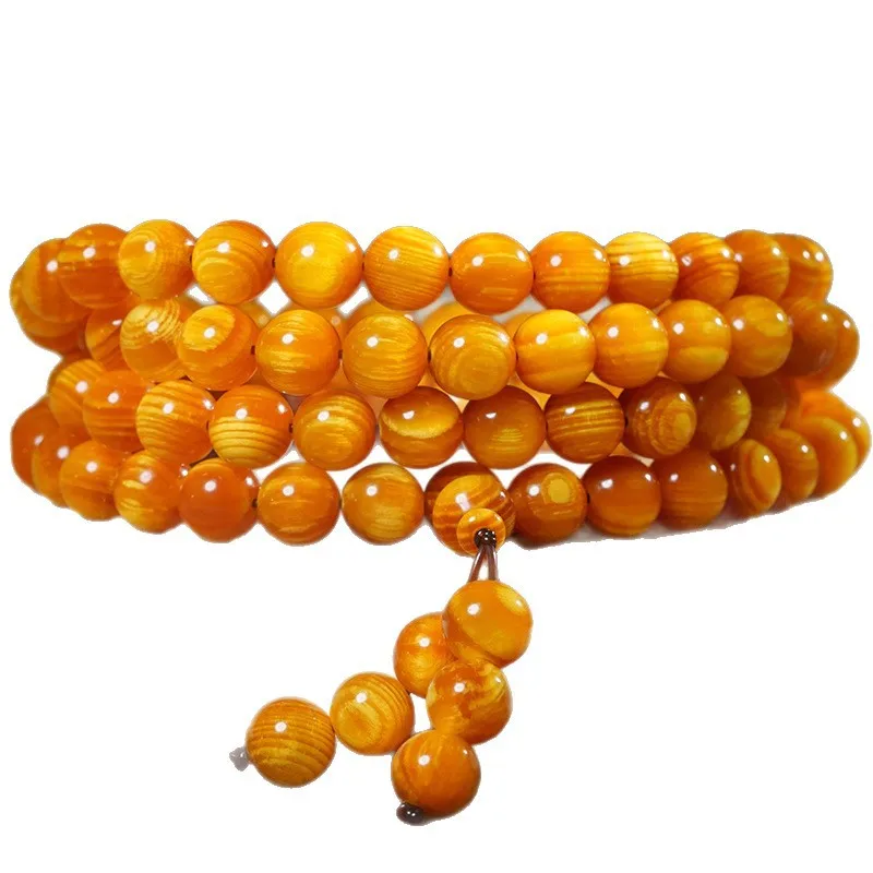 Natural Jadeized Amber Wood 108 Beads Multi Loop Bracelet High Oil Translucent Unisex Collectible Jewelry