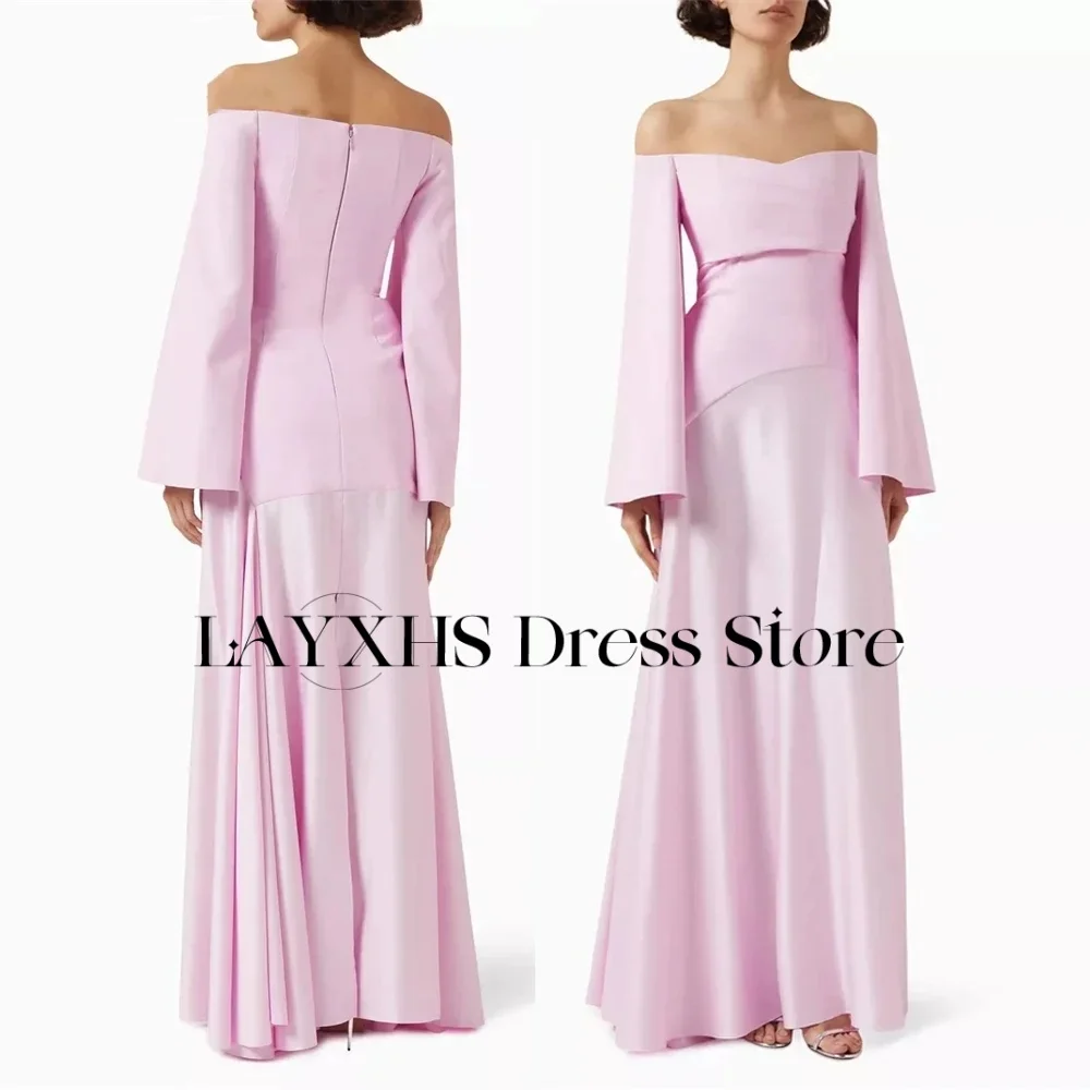 LAYXHS Schlichtes, schulterfreies Abendkleid, rosa, langärmelig, A-Linie, bodenlang, Ballkleid, maßgeschneidert