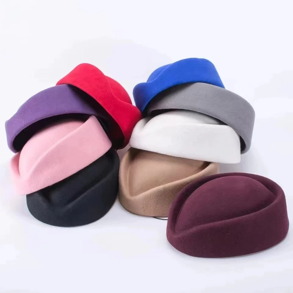 Airline Stewardess Cadet Formal Uniform Hat Caps Women Imitation Wool Felt Cap Ladies Pillbox Hats with Rope Air Hostesses Hat