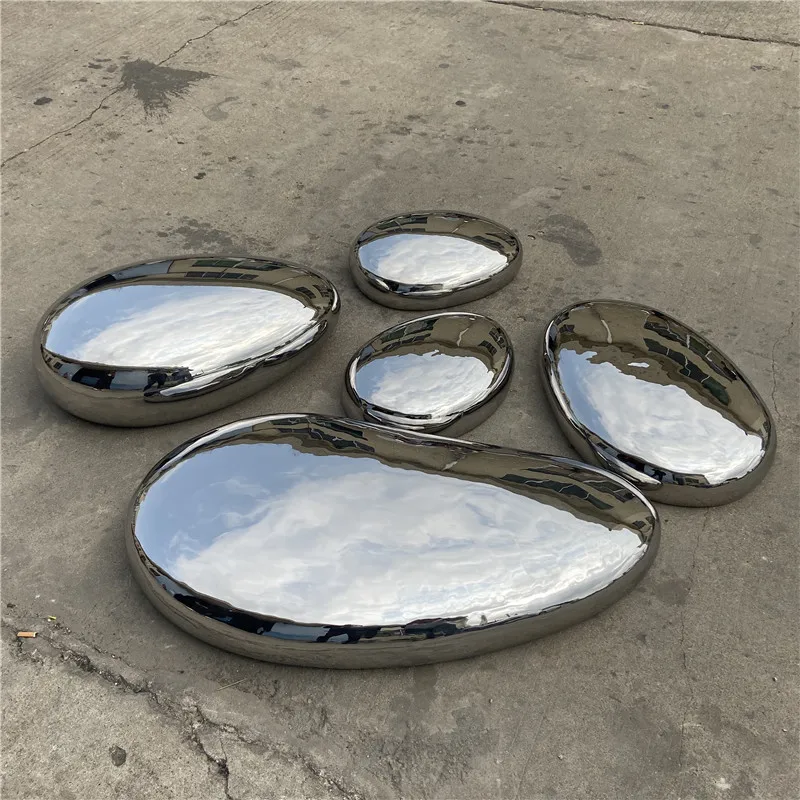 Polishing mirror stainless steel pebble shaped garden sculptures, outdoor park grassland ornaments, rockery landscape sculptures