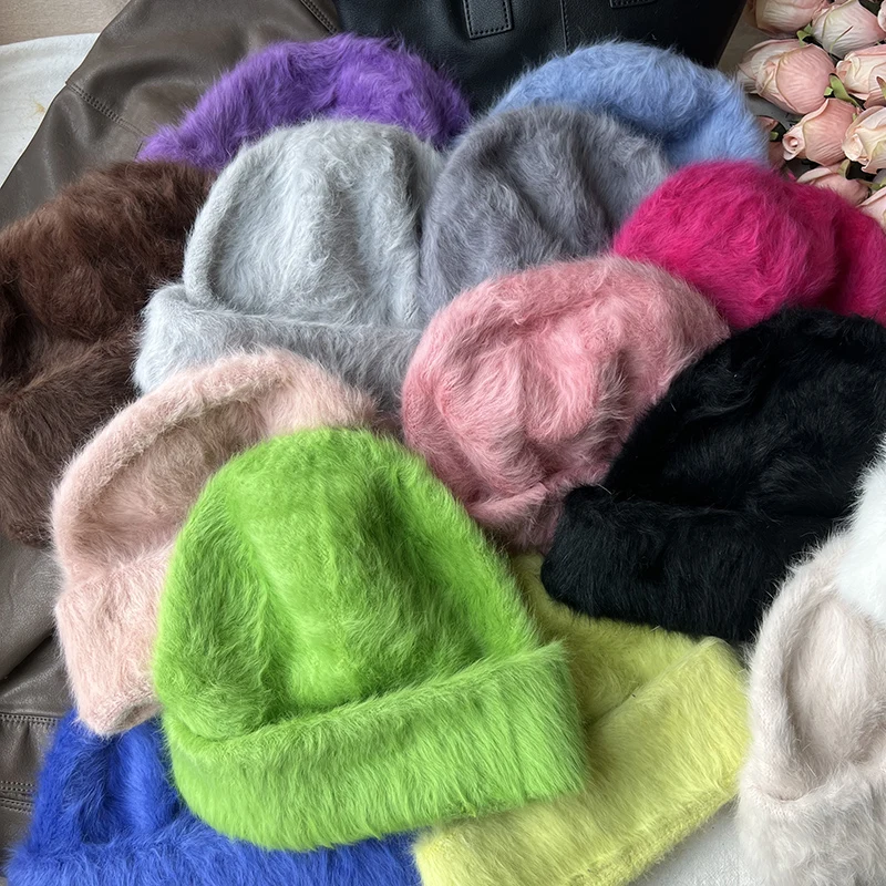 2023 neue Mode Kaninchen Fell Y2k Mützen für Frauen Weiche Warme Flauschigen Angola Winter Hut Weibliche Winddicht Motorhaube Hut Skullies Kappe – Detail 14
