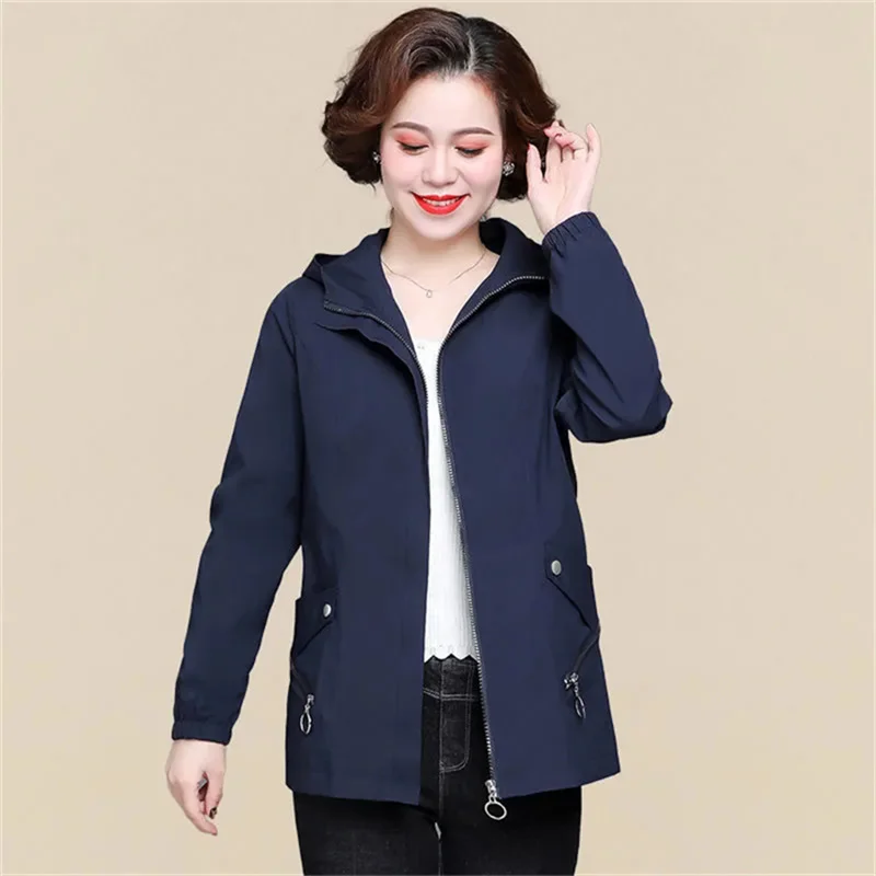 2024 Spring Autumn Jackets 4XL Elegant Jackets Hooded Windbreaker Pocket Zipper Outerwear Fashion Loose Trench Coat Female