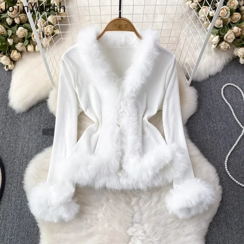 Fall Winter Clothing V-neck Patchwork Furry Cardigan Coat Korean Suter Mujer Temperament Tunic Pull Femme Knitting Sweater Tops