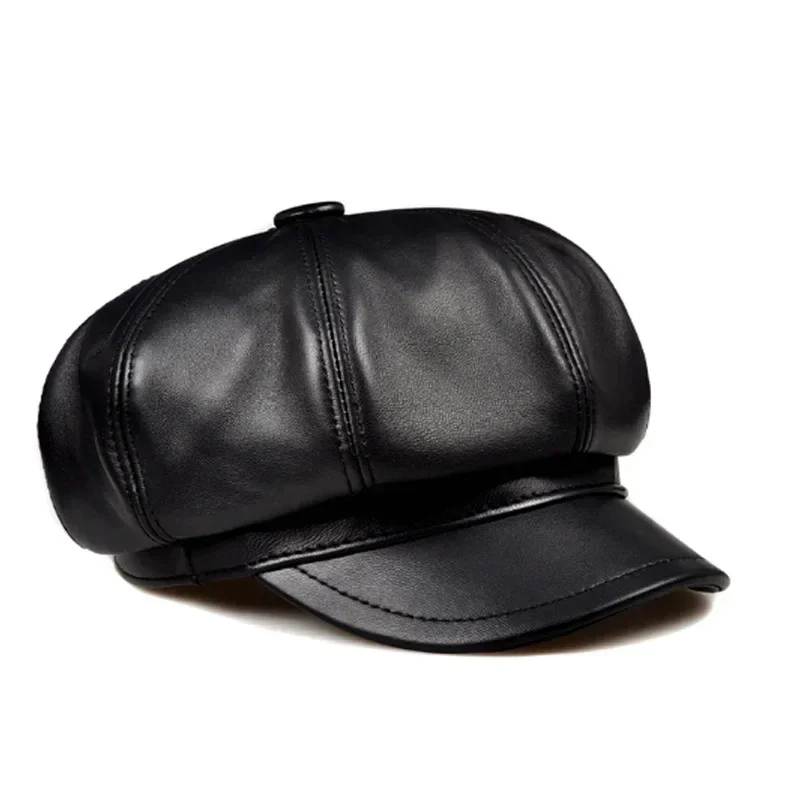 

Retro Octagonal Real Leather Hat Men's Sheepskin Leather Beret Casual Fashion Student Tongue Cap Snapback Caps For Men