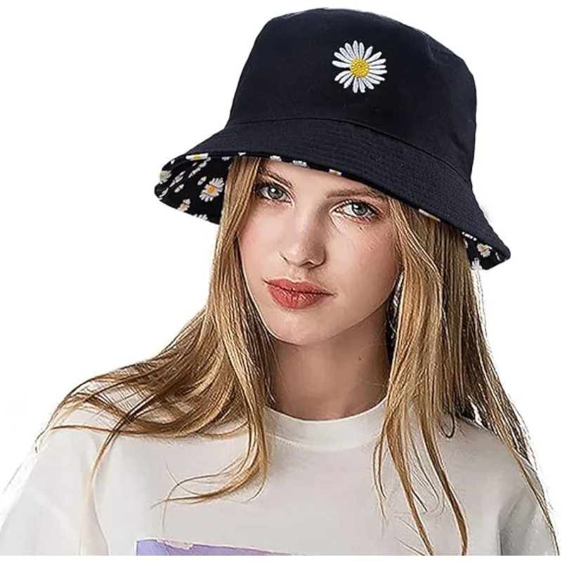 Small Daisy Flowers with Double-sided Fisherman Hat Universal Cotton Sun Protection Cap Student Pot Hat Outdoor Sun Hats
