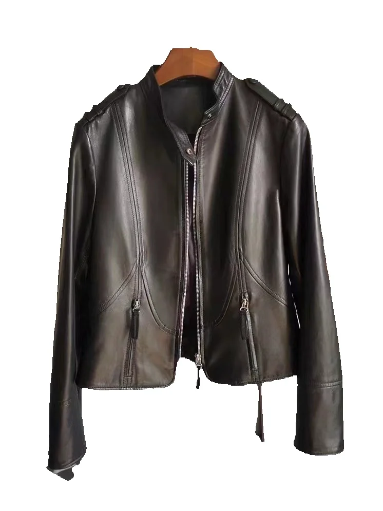 Sheepskin Leather Jacket For Women's New Spring Fashion Short Motorcycle Jacket, Black Versatile Jacket