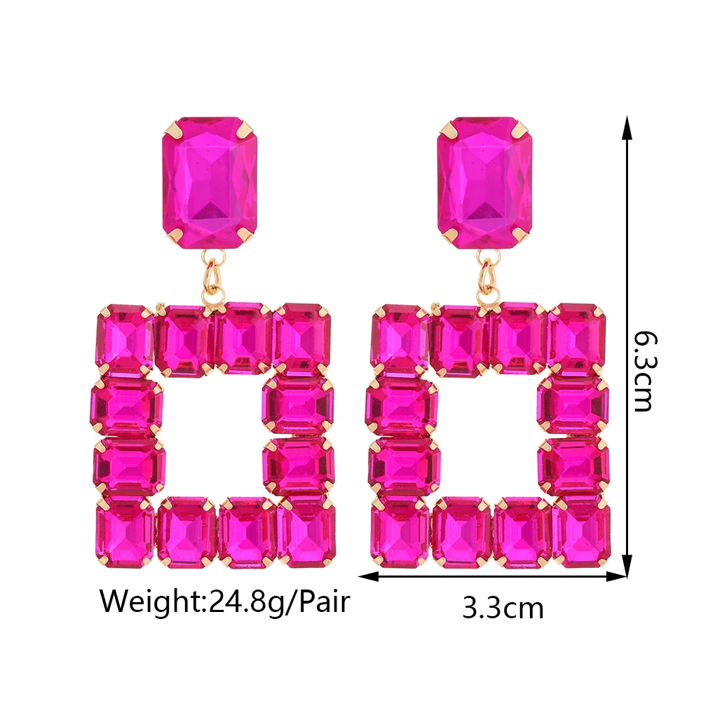 Hot Pink Glass Square Dangle Earrings For Women Luxury Piercing Big Pendientes Fantasy Wedding Party Graduation Vintage Jewelry