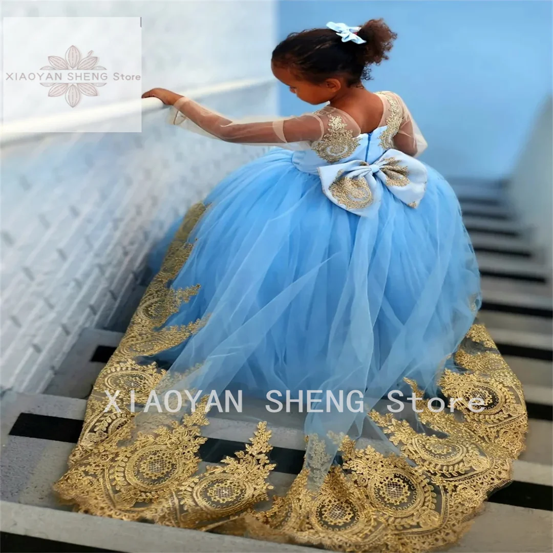 

Sky Blue Pageant Flower Girls Dresses Gold Lace Appliques Long Sleeves Children Birthday Gowns Ball Gown Kids Ball Wedding Dress