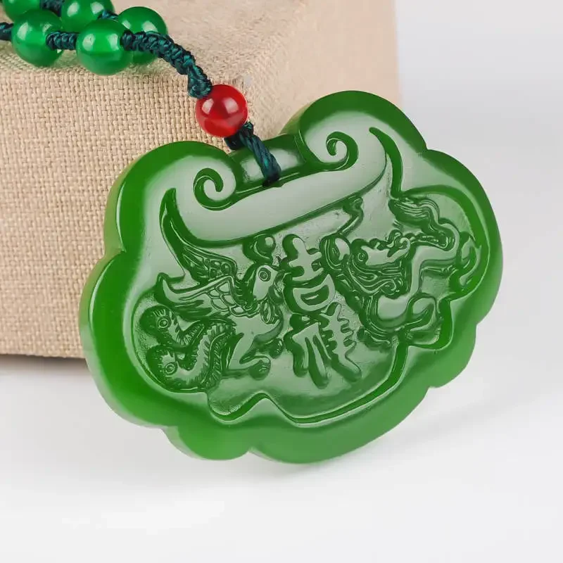 

Natural Jade Green Hand Carved Long Life Lock Pendant Fashion Boutique Jewelry Men's and Women Dragon Phoenix Necklace Gift