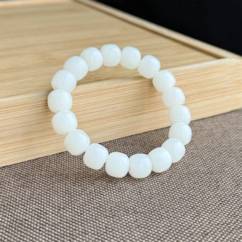 Natural Hetian Sheep Fat White Jade Bracelet 10*11Mm Old Type Bead Russian Material