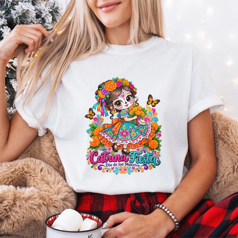 Day of the Dead Girl Graphic T Shirt Colorful Sugar Skull Doll Floral Printing Tshirt Cute Marigold Sugar Skull Cotton T Shirt
