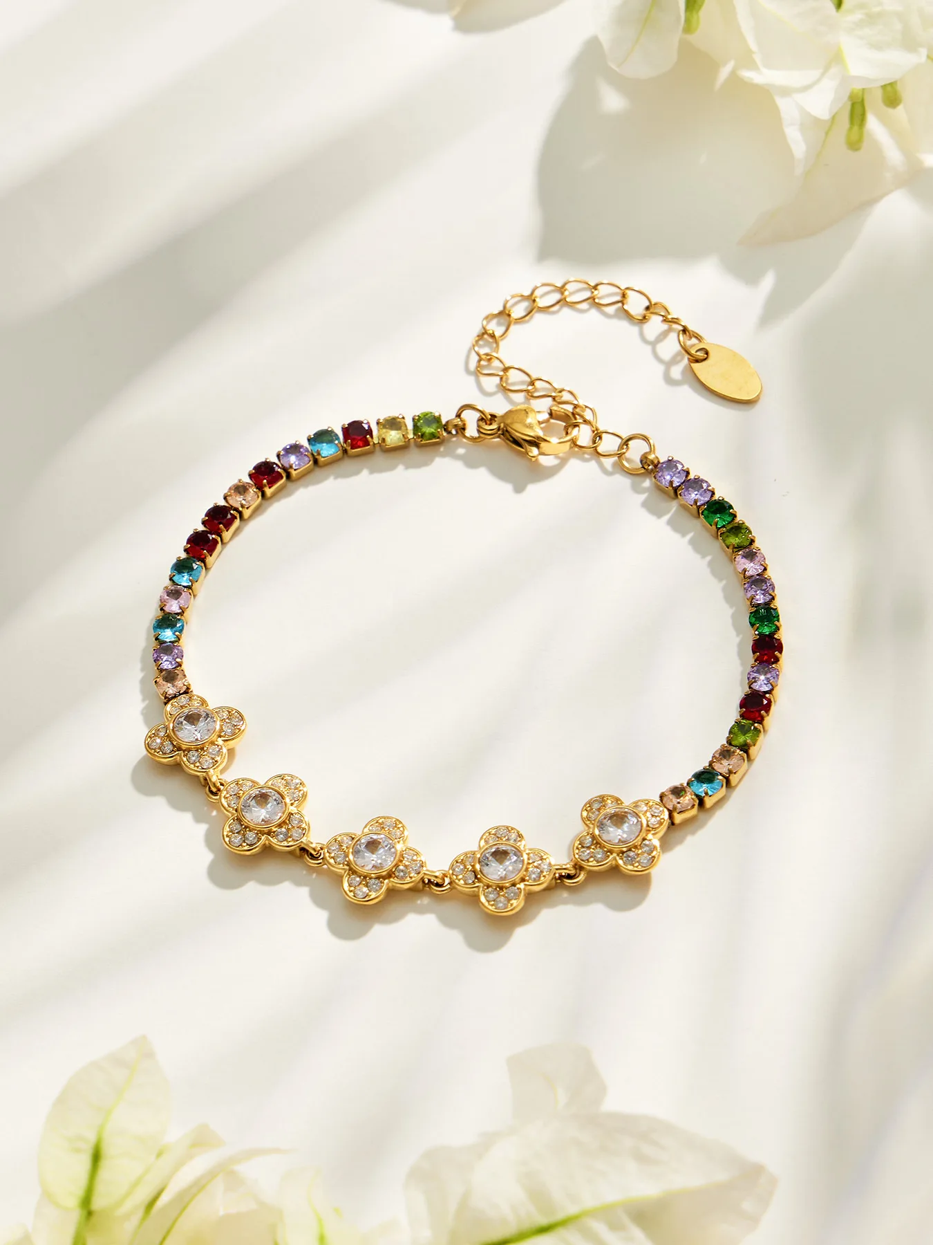 Farbiges Zirkon-Armband Tennis-Armband Edelstahl-Kettenarmbänder 18k Vergoldet Mit CZ-Blumen-Charm-Armbändern für Damen – Detail 14