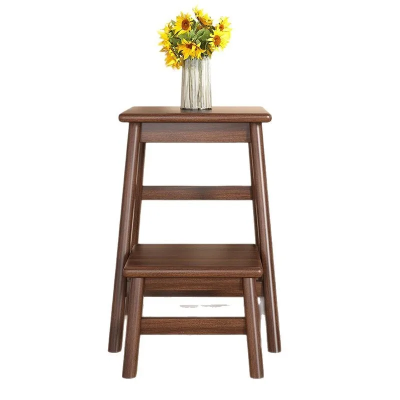 Household solid wood folding two-step ladder stool, restaurant bar counter, bedroom dressing multifunctional stool storage rack
