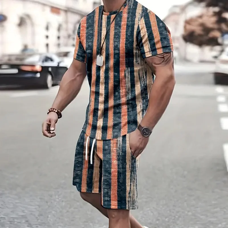 Roupa esportiva de manga curta estampada masculina, shorts casuais ao ar livre, absorvente de suor, confortável, verão, 2 conjuntos, 2024