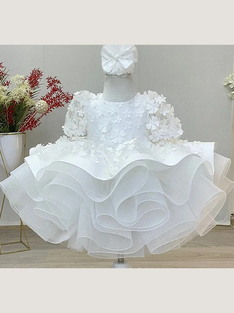 Abito da ragazza di fiore bianco manica corta gonfio applique 3D per bambini compleanno ballo di fine anno battesimo abito da ballo principessa abito da prima comunione