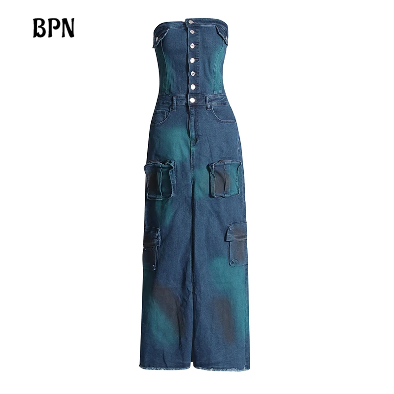 

BPN Hit Color Slimming Denim Dresses For Women Strapless Sleeveless High Waist Patchwork Pockets Long Dress Female Fashion New