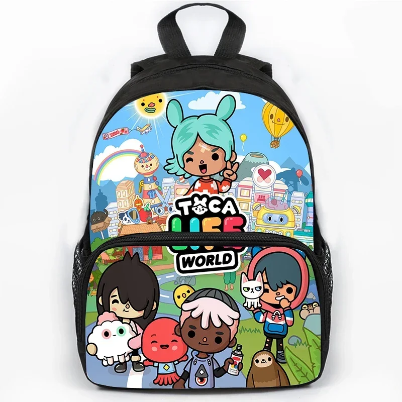 Mochila escolar con estampado de dibujos animados para niños y niñas, bolsa de libros impermeable de gran capacidad, modelo Toca Life World, 16 pulgadas