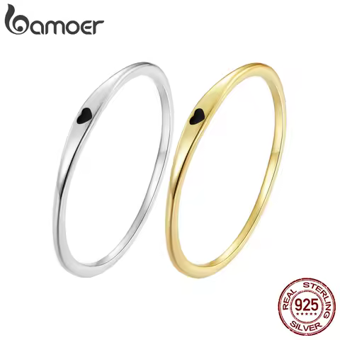 BAMOER 925 Sterling Silver Simple Carve Heart Wedding Band Stackable Promise Ring for Her 2 Colors Size 5-10