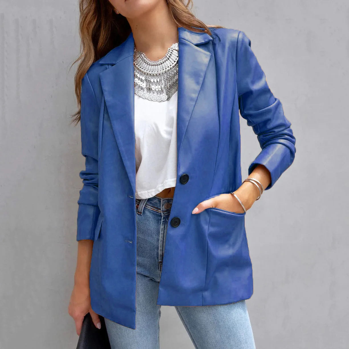 Neu im Pu-Mantel 2025, Kunstlederjacke, Herbst-Winter-Damen-Blazer mit doppelter Tasche und langen Ärmeln, einreihigem Umlegeblazer