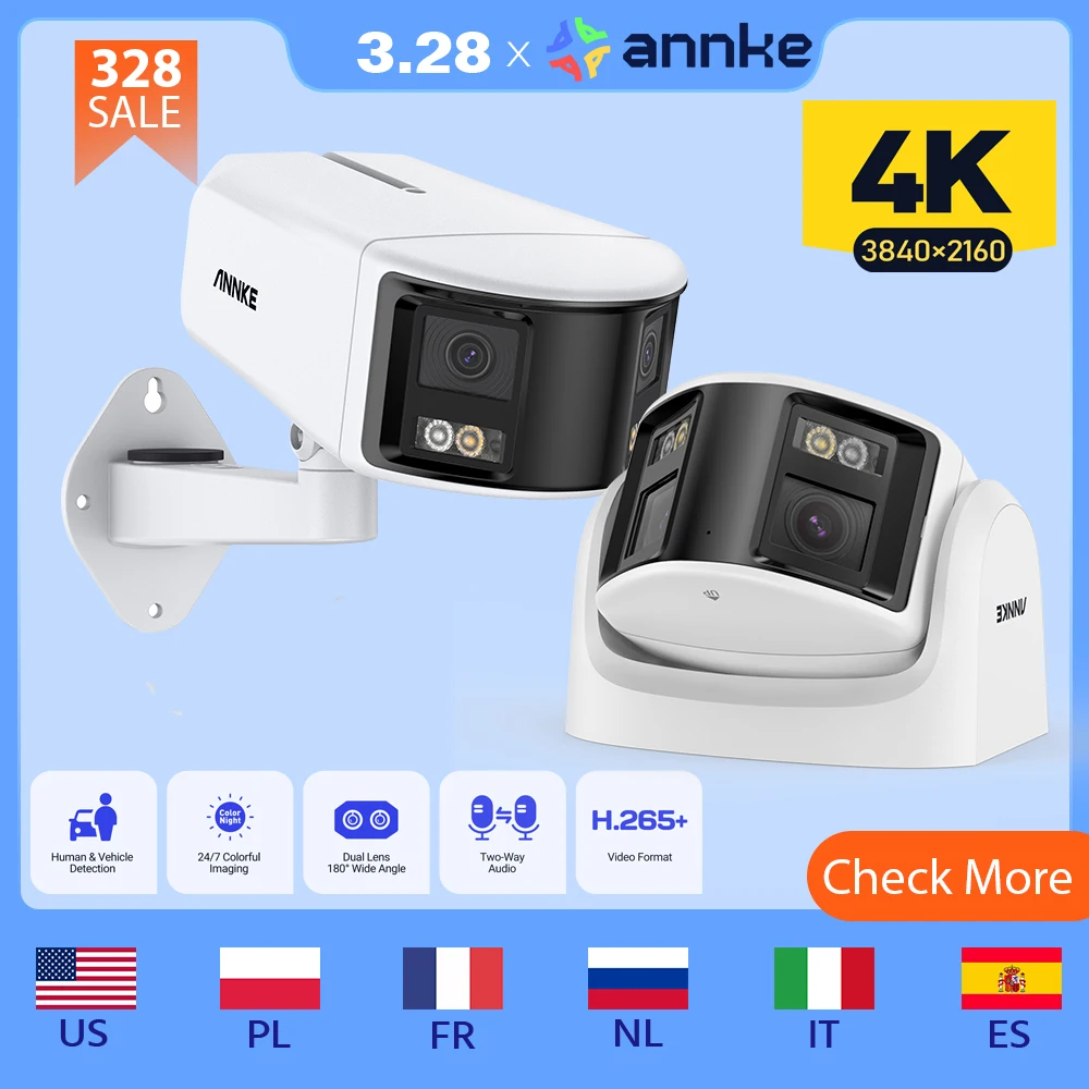 ANNKE Smart Home 180° 8MP DUO POE Dual Lens Wide View Outdoor Video POE Camera,4K AI Human Detect,8MP Security CCTV Camera