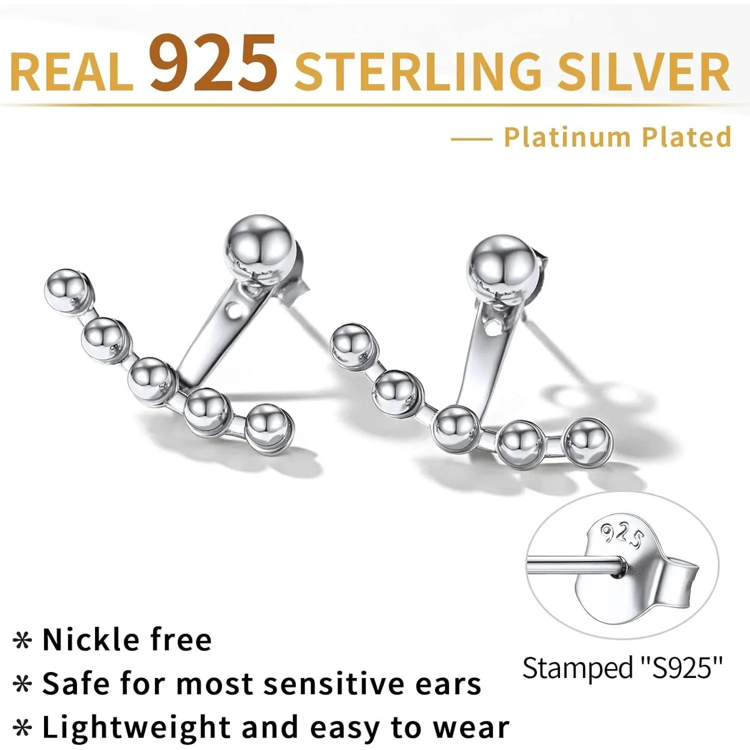 925 Sterling Silver Ear Jacket Earrings Minimalist Balls Stud Earrings for Women QC24