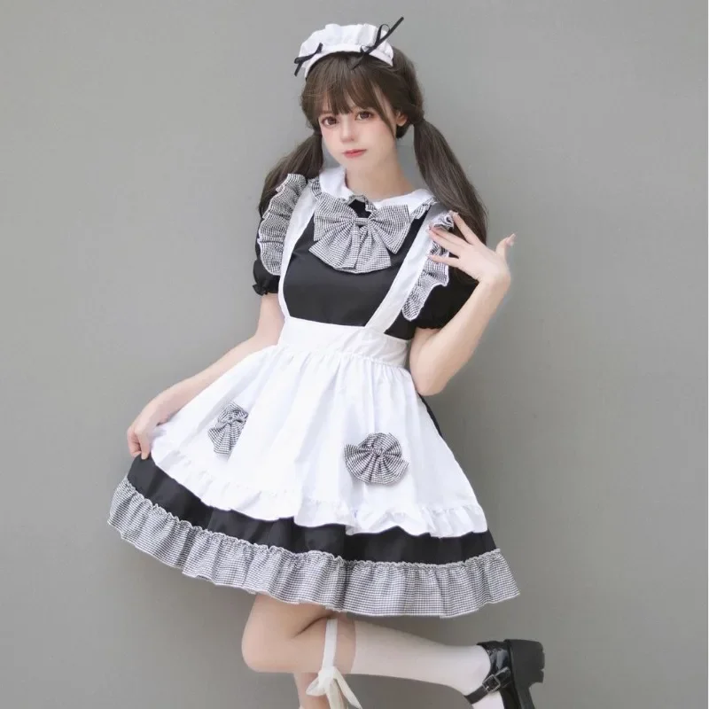 Cosplay Anime New 4-piece Maid Dress Cute Princess Dress Black and White Grid Bow Maid Series